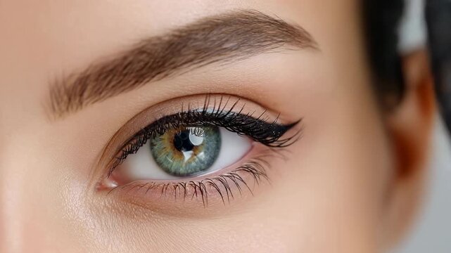 Close up of woman eye with eyeliner application showing perfect makeup detail and professional beauty care