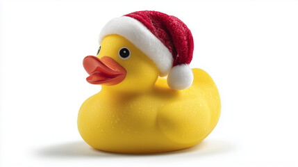 Rubber duck wearing a Santa hat and glistening with tiny water droplets
