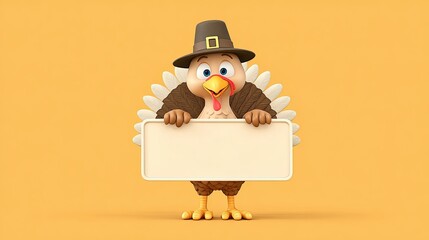 Cute cartoon turkey wearing pilgrim hat holding blank sign on yellow background for Thanksgiving greeting