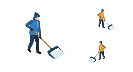 Isometric winter shoveling people clearing snow in cold weather attire