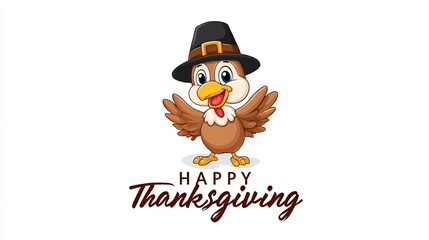 Cheerful cartoon turkey wearing pilgrim hat with happy thanksgiving lettering on white festive holiday background