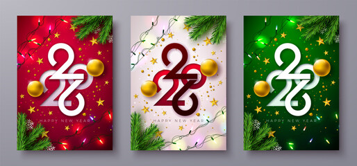 2026 Happy New Year Greeting Card Clipart Set Design with Cut Out Typography Number, Golden Christmas Ball and Light Garland on Red, White and Green Background. Holiday Illustration with Christmas