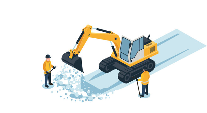 Isometric construction scene featuring excavator and workers on site