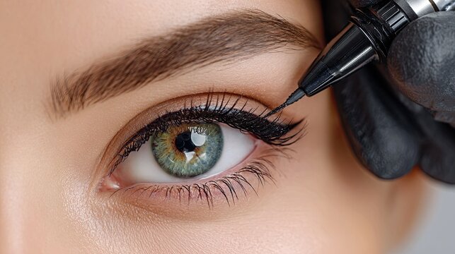 Close up of black eyeliner tattoo procedure performed by professional artist using cosmetic machine