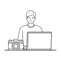 Man with laptop and camera isolated on transparent background