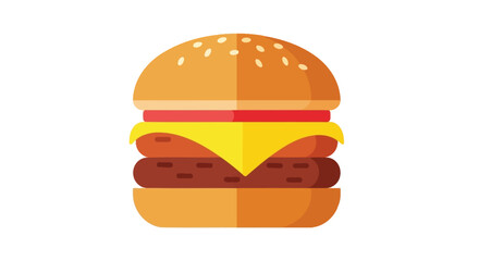 A vibrant, flat-design burger against white. Two patties, cheese, tomato, and a seeded bun are visible