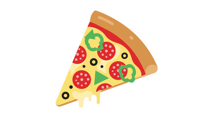 A cartoonish pizza slice, angled right, with pepperoni, olives, peppers, and melting cheese against a white background