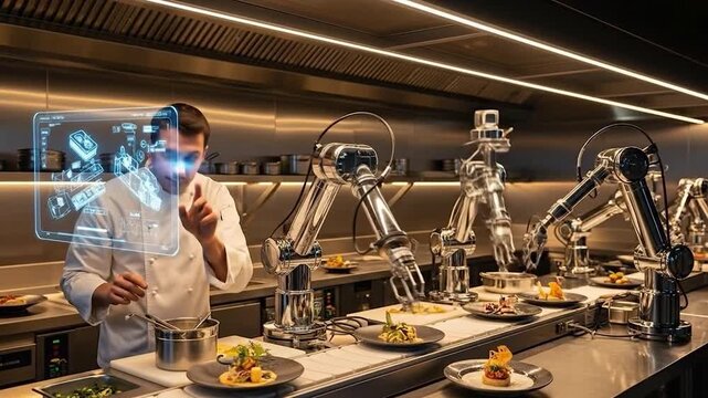 Chef overseeing automated food preparation with robot arms and digital interface in modern kitchen