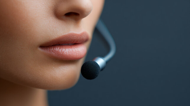 A close up of a woman's face wearing a headset microphone, on a dark blue background with copy space for text or messaging services and support information