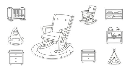 nursery furniture set rocking chair and crib for baby room decor simple outline drawing home interior for decoration playroom design