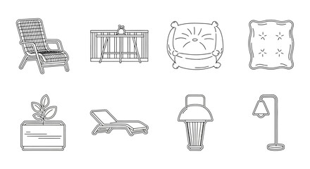 Outdoor furniture line art icons a stylish deck chair modern table pillows plant and lamp illustration for minimalist home decor themes.