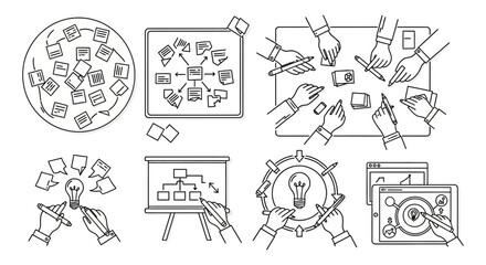 team brainstorming process diverse hands collaborate strategize with sticky notes flowcharts on a screen fostering creativity and innovation