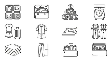 Travel packing organization with luggage clothes and toiletries in containers preparing for a trip essential for smart travel and space saving.