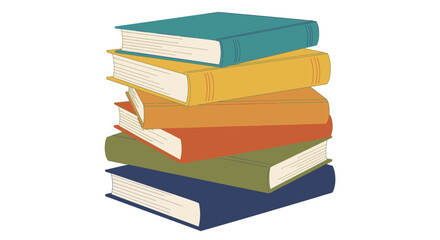 A tall stack of colorful books with various hues, spines facing left, arranged vertically on a white background