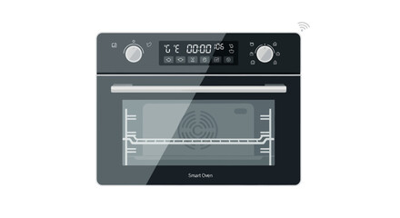 Black, front-facing oven with digital display showing time and settings. Includes knobs, racks, and a window. Wireless icon visible
