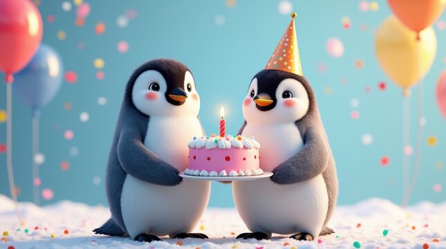 Cute penguins celebrating a birthday with cake and balloons