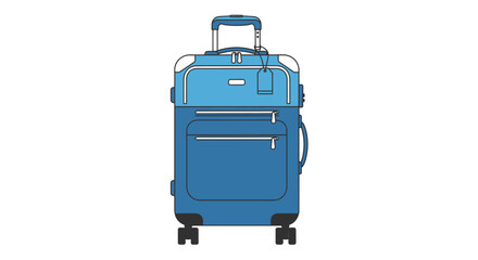 A blue travel suitcase with an extendable handle and wheels, ready for a journey, with a luggage tag