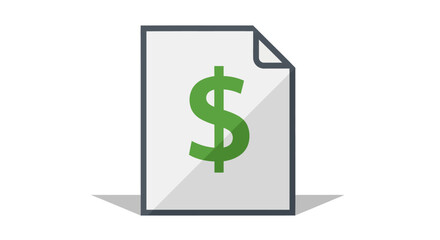 A document-shaped graphic, white interior, gray border, folded corner, with a large green dollar symbol in the center