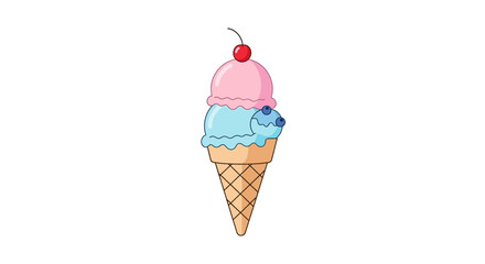 A stacked ice cream cone with pink, blue scoops, cherries and blueberries on top, a waffle cone base
