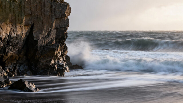 Ocean waves crashing against coastal rocks with long exposure motion. travel magazines, destination branding, designed for outdoor magazines and nature guides.