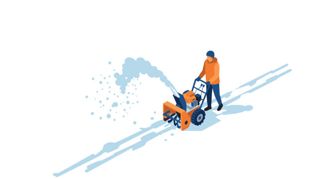 Isometric snow remover in action winter cleanup scene with person operating snow blower