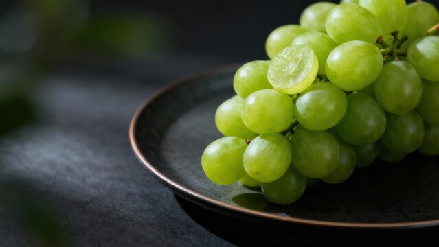 Ripe green grapes are showcased on a dark plate. - Powered by Adobe