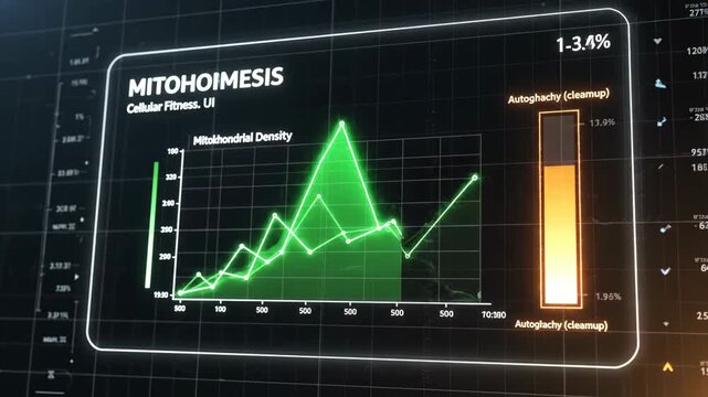 Medical UI showing a 'Mitochondrial Density' graph increasing after a fast (hormetic stress), with 'Autophagy' peaking.