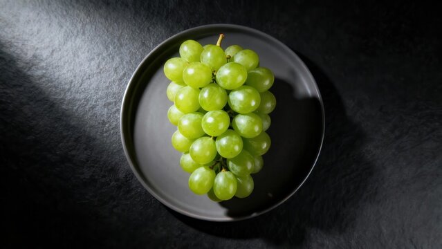 A cluster of fresh green grapes rests on a dark plate.