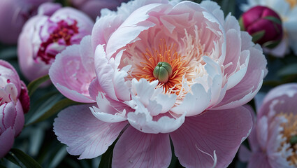 Light pink peony blooming in the garden