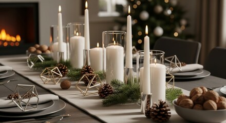 Elegant white candles with pine greenery, pinecones, and gold geometric ornaments create a sophisticated Christmas table centerpiece for festive holiday entertaining