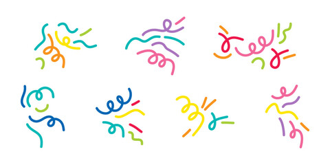 Set hand drawn confetti doodle elements in various shapes and styles. Simple, festive, and playful vector graphics for celebrations and party designs. Birthday Party, colorful explosion of serpentine.