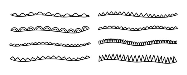 Set hand drawn scallop doodle borders and frames in various shapes. Simple, cute, and whimsical vector elements for notes, photos, and decorative projects. Scallop border lines for scrapbook designs.