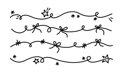 Hand drawn line dividers and borders with festive doodle accents like stars, bows and ribbons. Simple vector elements set for holiday cards and banners. Continuous line festive border lines.
