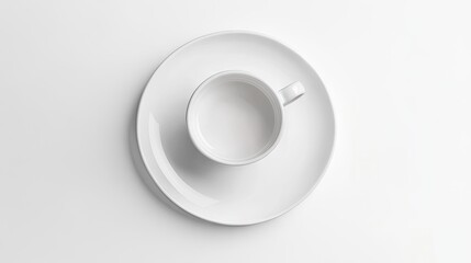 Flat lay of white plate and cup on white background, top-down perspective for minimal design and aesthetic presentation