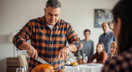 A middle-aged man in a plaid shirt carves a roasted turkey at the head of the table, while his family watches in the background during a holiday feast.
