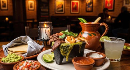 Fototapeta premium Delicious Mexican cuisine served in a restaurant setting with a margarita