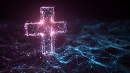 Glowing digital plus sign, intricate network connections symbolizing health and innovation