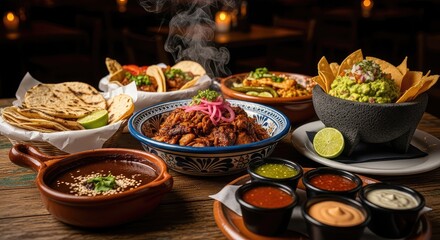 Fototapeta premium Delicious Mexican food spread with tacos, guacamole, and various sauces