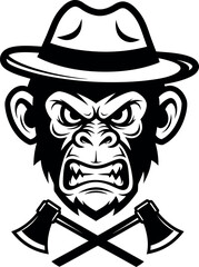Intense gorilla or monkey mascot head wearing a fedora hat with crossed axes below, a powerful, angry, and aggressive primal primate face for a sports team or brand logo.