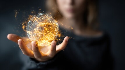 hand holding glowing golden particle sphere