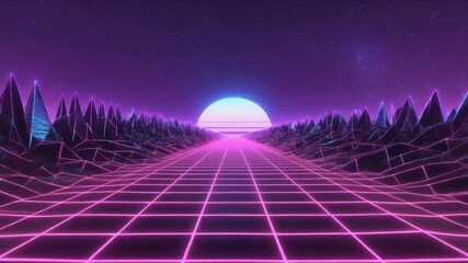 Vibrant retro-futuristic digital art featuring an endless neon grid road extending towards a radiant sun over a stylized geometric landscape, evoking a nostalgic 80s synthwave aesthetic - Powered by Adobe