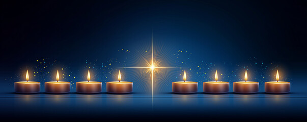 Seven burning candles and a bright star on a blue background. Religious spiritual concept for Epiphany or Three Kings day celebration. Background for Christmas.