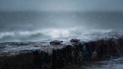 Two baby sea turtles on a wet rocky coast during a rain shower facing the turbulent ocean