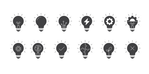 light bulb icon set in solid style. Creative idea, innovation and think solution sign. Light bulb with symbol element. Icon element for Applications and websites. Vector illustration.