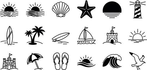 Fototapeta premium sun, sea, wave, shell, starfish, lighthouse, surfboards, palm trees, sailboat, sand castle, umbrella, and flip-flops, isolated on white.