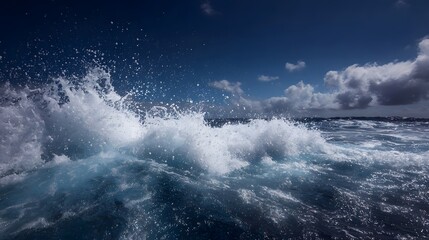 A dynamic ocean wave crashes with great force sending white spray and foam into the vast deep blue sky with scattered clouds