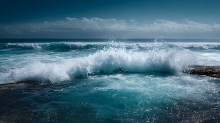 Powerful ocean waves crash against rocky shores under a dynamic sky