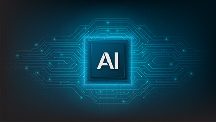 Artificial intelligence chipset on circuit board with electronic elements. Futuristic tech background. Technology vector illustration.