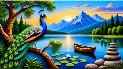 Naklejka premium landscape with lake and a peacock sitting on a tree 
