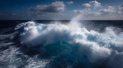 Obraz premium A powerful ocean wave crashes with spectacular white spray and foam under a partly cloudy sky showcasing nature s raw energy at sea